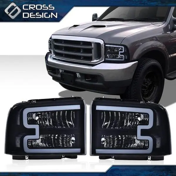 CROSSDESIGN Super Duty Smoked Lenses LED DRL Headlamps w/ Harness, Aftermarket Daytime Running Light Headlight Assemblies for 2005-07 Ford F250-F550 Truck Front Lights