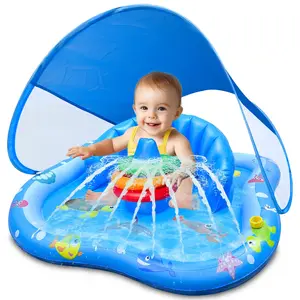 Baby Play Mat with Sprinkler, Inflatable Baby Pool Float with Canopy Backrest & Stackable Rings Water Sprinkler for Kids, Outdoor Water Play Toys for Toddlers Backyard Swimming Water Games