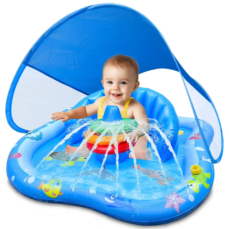 Kiddie Inflatable Pool Floater - 32x32x26 in Garden Water Playset with Detachable Sun Canopy, Backrest, Stackable Rings, Sprinkler, Funny Games Design, Toddler Gifts for Outdoor Kids Stuff Use