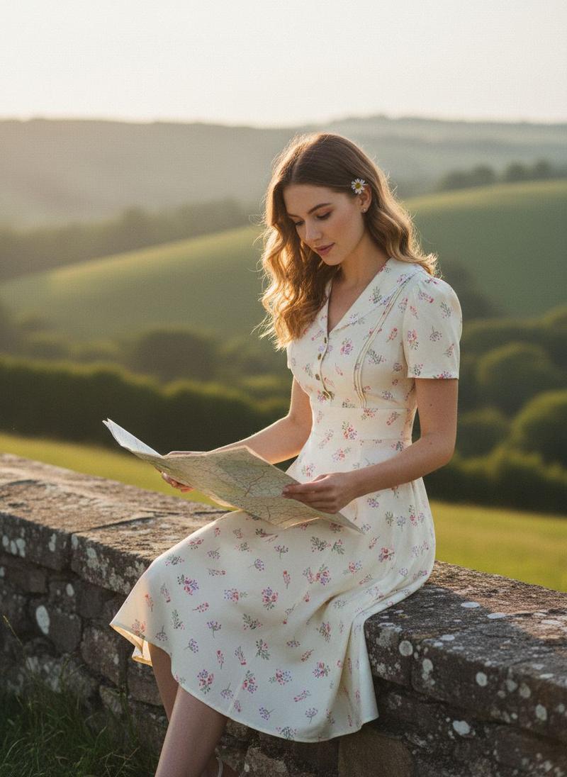PURE COTTON BEIGE 1940S PUFF SLEEVES FLORAL DRESS Casual Womenswear Cute Summer Fitted Vneck Shortsleeve