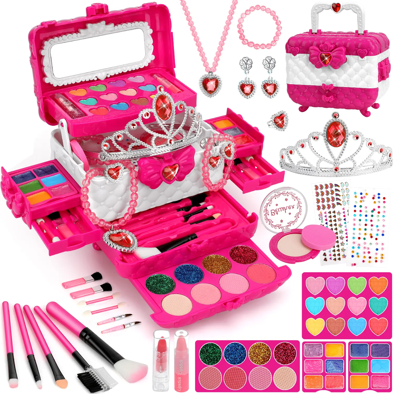 56-Piece Washable Pretend Play Makeup Kit for Girls Age 3+, Kids Princess Jewelry Set, Dress-Up Beauty Toys, Ideal Christmas & Birthday Gift, None