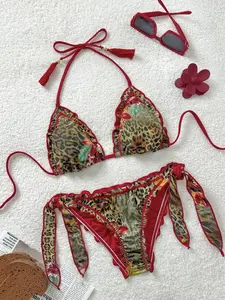 Animal Print Bikini Set Leopard Zebra Floral Ruffle Trim Halter Neck Tie Tassel Detail Slim Fit Stretchy Quick Dry Swimsuit Sexy Beach Vacation Pool Party Outfit Summer Women Swimwear