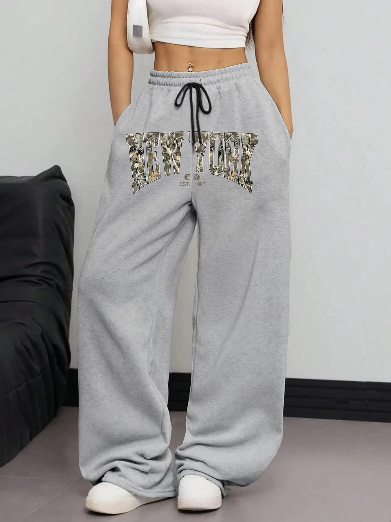 Women's Drawstring Leggings, Elastic Waist Design, New York Letter Print, Casual All-Season Pants, Comfortable and Stylish, Daily Wear