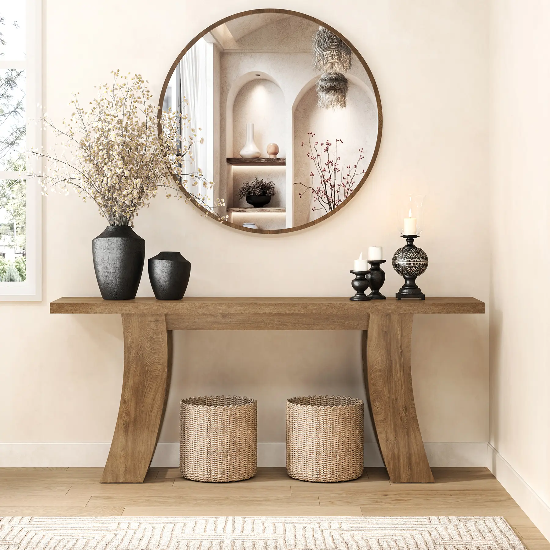 70.9-Inch Wood Console Table for Entryway Living Room, Extra Long Rectangular Natural Sofa Tables with Farmhouse Wooden Curved Base for Home Hallway Couch Foyer Entrance, Light Brown Oak Adjustable Foot Pads, Light Brown Oak Finish, Entryway Table