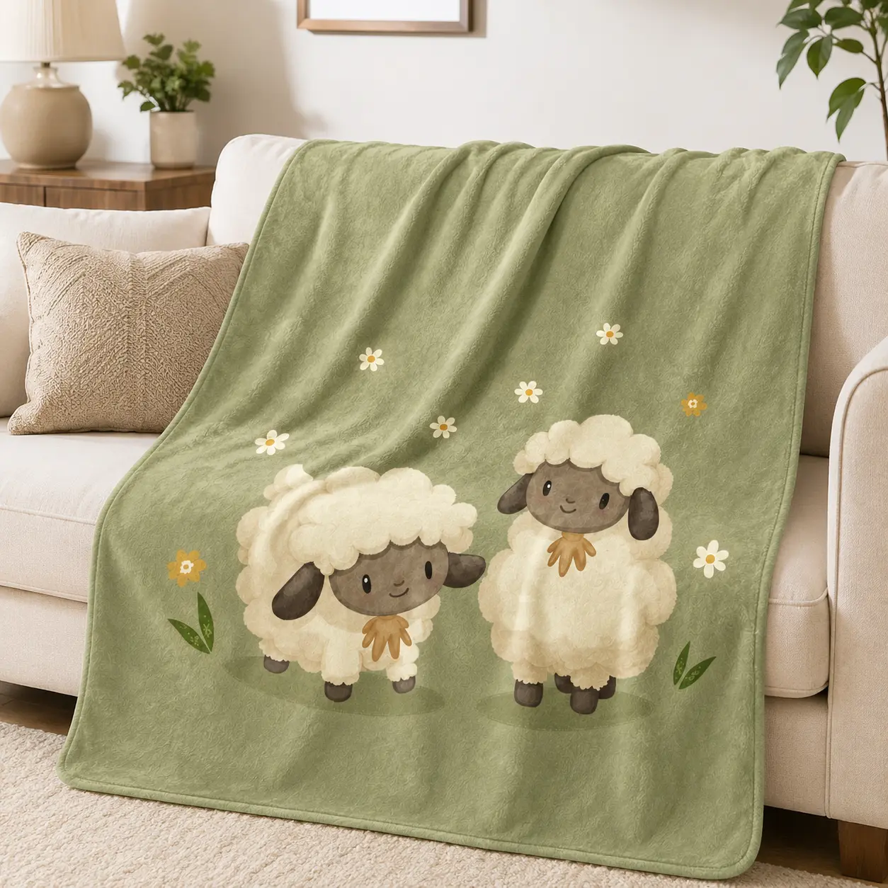 Sage Green Flannel Fabric Blanket - Cute Sheep, Daisy Floral Print, Fuzzy Finish Throw, Multi-Size, Soft Cozy Plush, Baby Shower Gift for Cottagecore Nursery Room & Home Decor