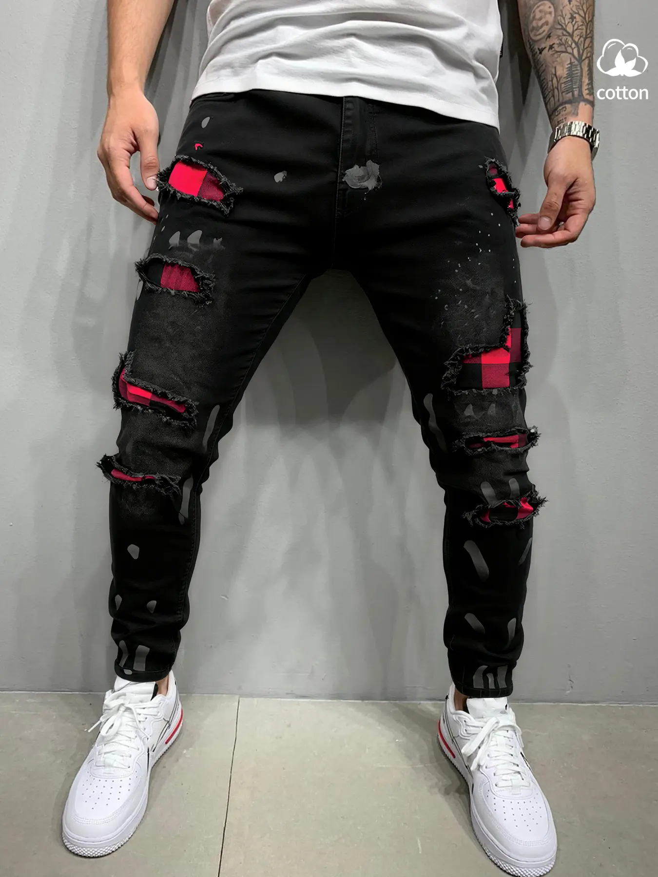Men's Denim Jeans Ripped Tight Fit Ink Splatter Print Classic Casual Elastic Stretchy Skinny Pants Trouser, Menswear, Natural Vintage Light Blue Washed Look, All Seasons Streetwear Vibe