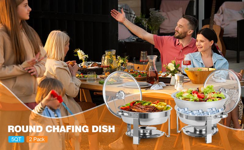 GARVEE 2 Pack 5QT Stainless Steel Round Chafing Dishes with Glass Lids, Ideal for Buffets, Parties, Weddings, and Camping Events, Available in Elegant Silver and Gold Finishes.