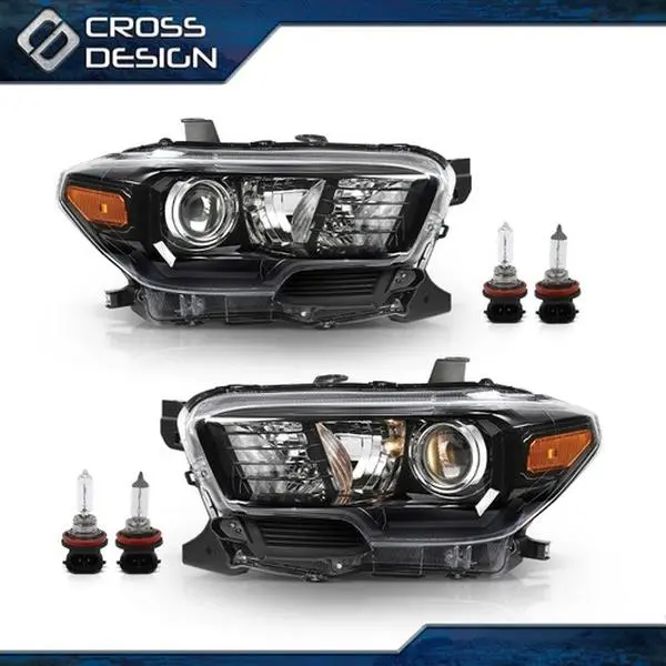 CROSSDESIGN Pair Set Durable PC Projector Headlights w/Incl. Bulb, Projector Lens, Aftermarket Bulbs Headlight Assemblies for 16-22 Toyota Tacoma TRD w/o LED, Car Lighting, Easy Install LH RH Assembly, Bulb Incl.