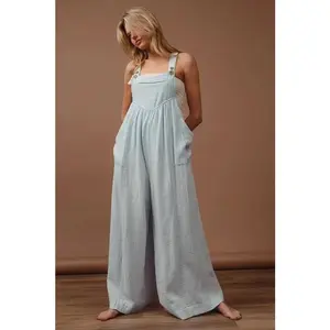 BiBi Vintage Washed Crinkle Gauze Wide Leg Overalls