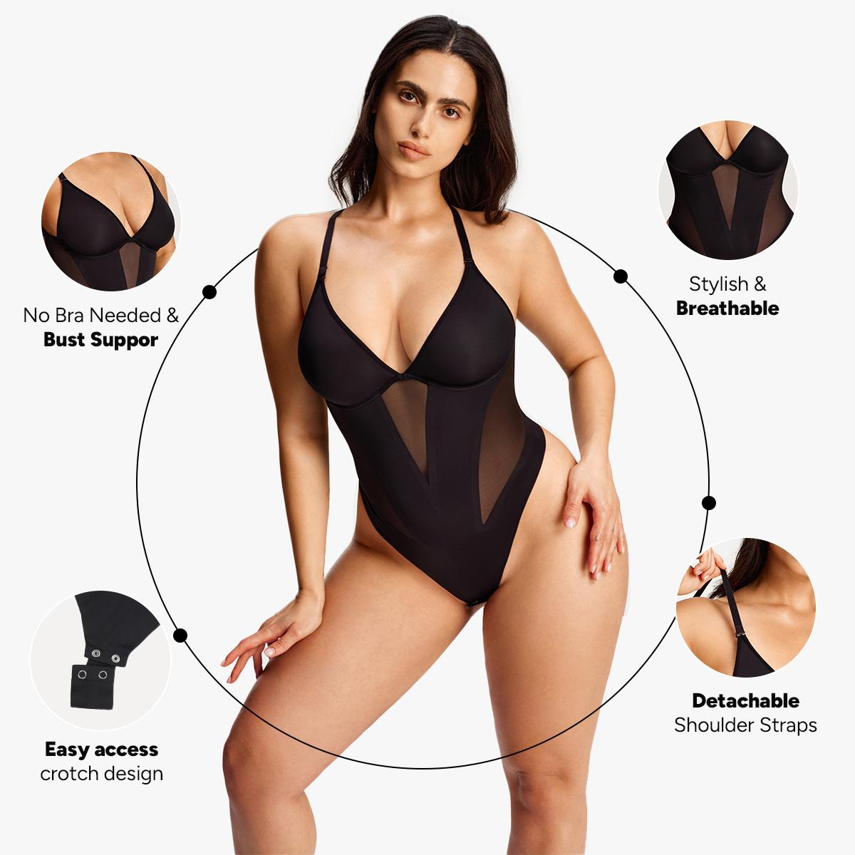 Nebility Women's Deep V Mesh Shapewear Bodysuit with Adjustable Straps for Chest Support and Tummy Control Thong Design for Snatched Waist Womenswear Compression Basic Minimalist Black