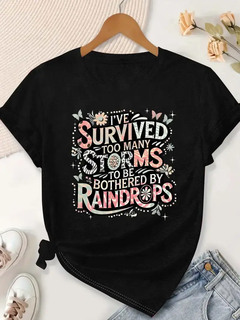Women'S Plus Size Casual TShirt with Floral Butterfly Print I've Survived Too Many Storms to Be Bothered by Raindrops Design, Soft Comfortable for Spring Summer, Everyday Tshirt Floral Graphic Te Cotton Fabric Sleeve Top
