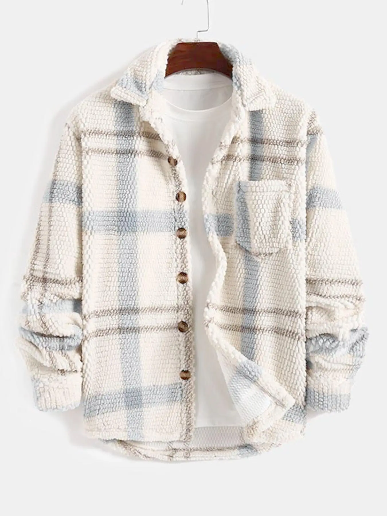 Men's Casual Fall & Winter Coat, Comfortable Knit Gingham Plaid Checked Shirt Jacket with Buttons Pockets, Classic Outerwear, Long Fitted Sleeves, Christmas Gift