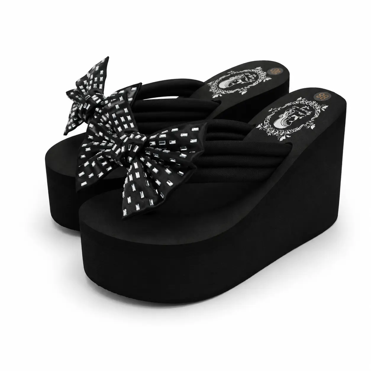 Women’s 4.33in Platform Wedge Flip Flops - Open Toed Sandals for Women, Black Thick Sole Beach Slides with Non-Adjustable Black Square Rhinestone Bow, Comfortable Platform Heels for Summer Resort Casual Use, Flatform Platform Sandals, Slip On