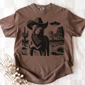 Vintage Pitbull UFO Shirt – Western Cowboy Pittie Tee, Retro Alien Dog T-Shirt, Perfect Gift for Pitbull Mom, Dad & Dog Lovers