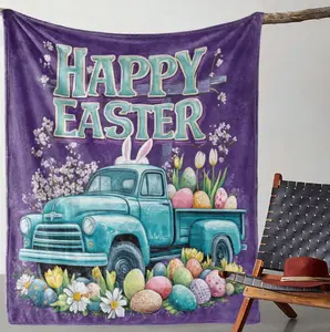 Easter Bunny Throw Blanket Ultra Soft Flannel Plush Spring Floral Bunny Bed Blanket, Happy Bunny Eggs Truck Lightweight Cozy Easter Blanket for Couch Sofa Bed Living Room Home Decor Gifts