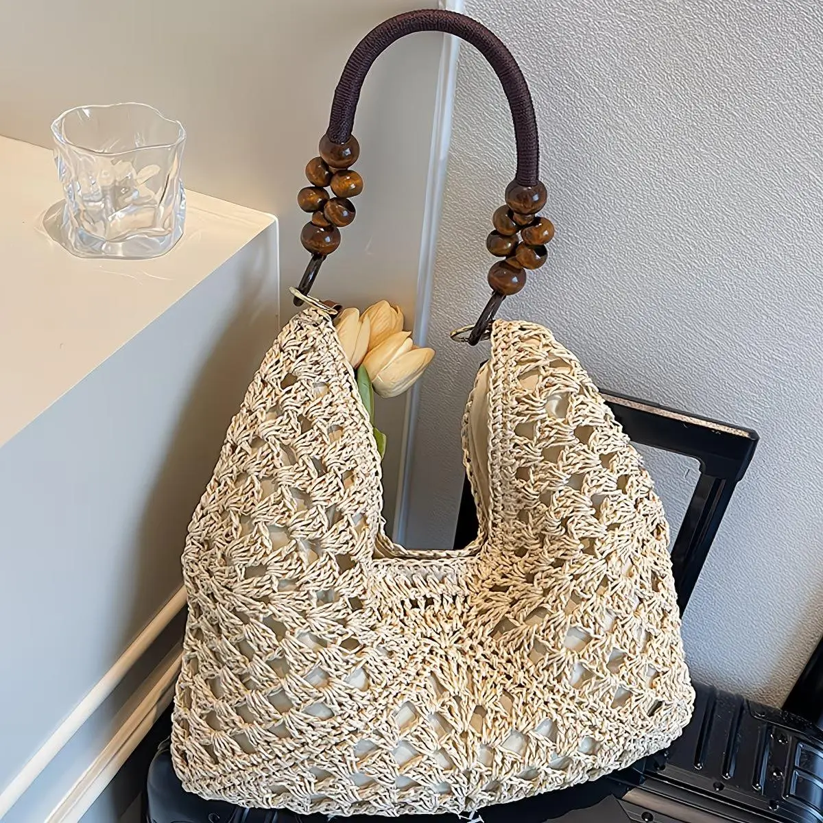 Bohemian Straw Bag, New Fashionable Handmade Woven Paper Rope Crochet Casual Shoulder Bag for Summer Vacations & Outdoor Outings (Sports & Outdoor Gym Accessory)