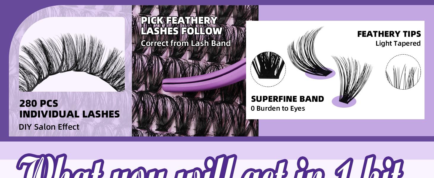 B&Q 200D Kit l Dramatic Soft Mega Volume Lashes,D-Curl, Updated Silk Protein Material Clusters,DIY Lashes Extension, Week Long Lasting Feb Stockup