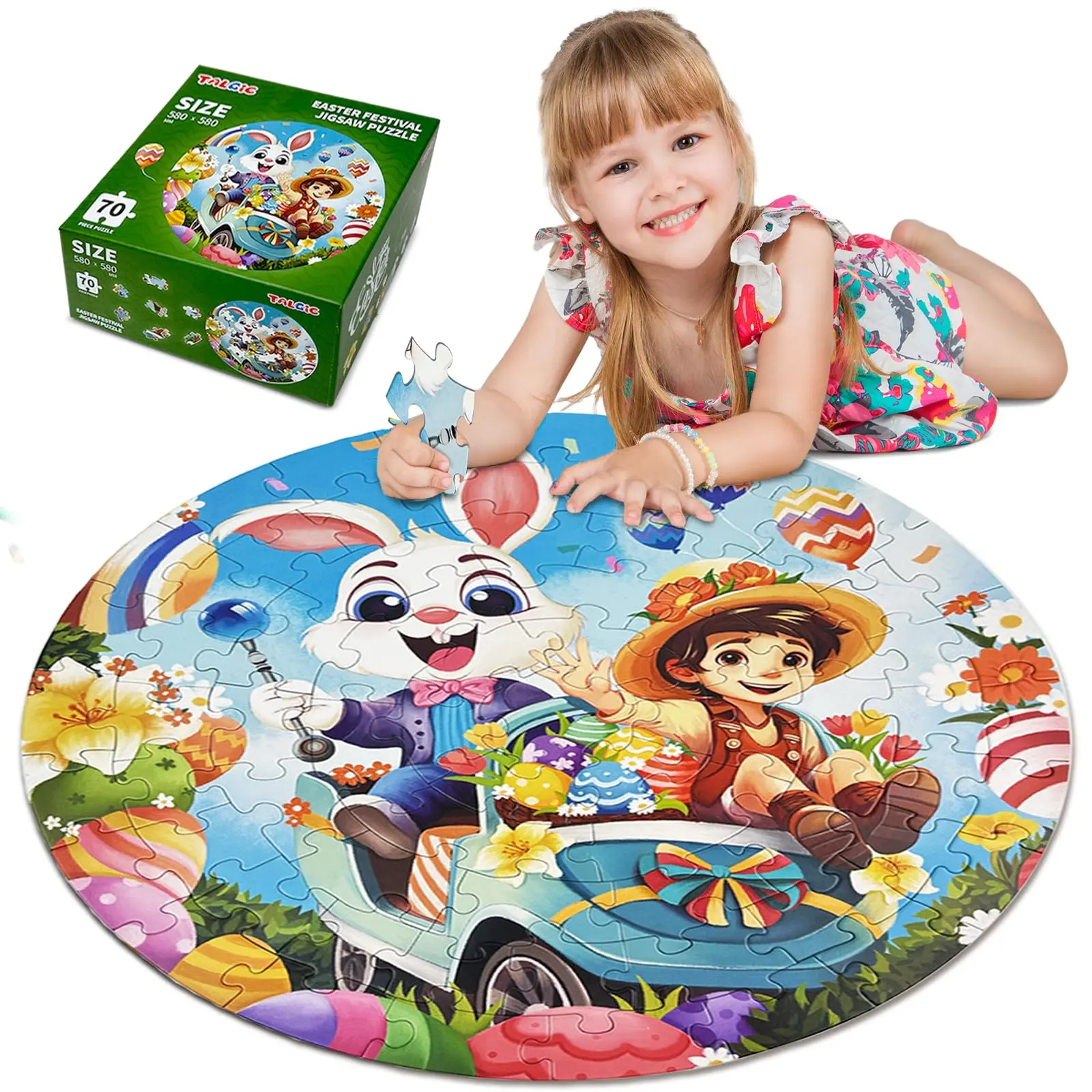 70-Piece Large Round Cardboard Jigsaw Puzzle for Toddlers Ages 4-6, Bunny Theme with Eggs & Flowers, 19.7in×19.7in Educational Toddler Learning Activities Screen Time Alternative Gift