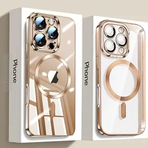 Magnetic  Phone Case for iphone 16ProMax- Transparent Electroplated with Camera Lens Protection Glass and Wireless Charger Cover  17Pro 16Pro 15Promax, 14Plus, 13promax, 12, 11 Pro Max,Drop-Proof & anti-yellowing