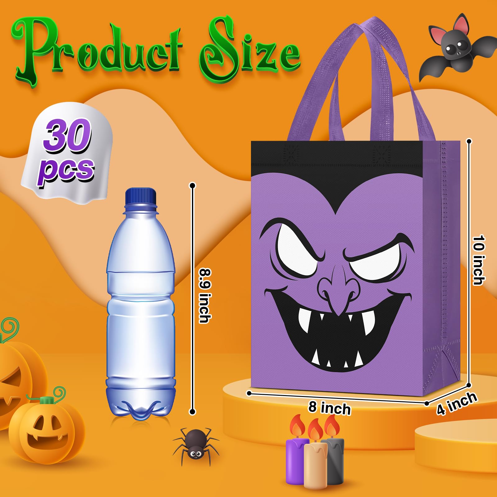 30 Pcs Halloween Candy Bags Non Woven Gift Bags with Handle Trick or Treat Bags with Ghost Vampire Zombie Bat Black Cat Patterns,Snack Goodie Bags for Students Adults,Halloween Birthday Party Favor Supplies