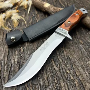 Outdoor camping straight knife D2 steel, full keel flat blade, stable wooden handle, comes with a leather case.