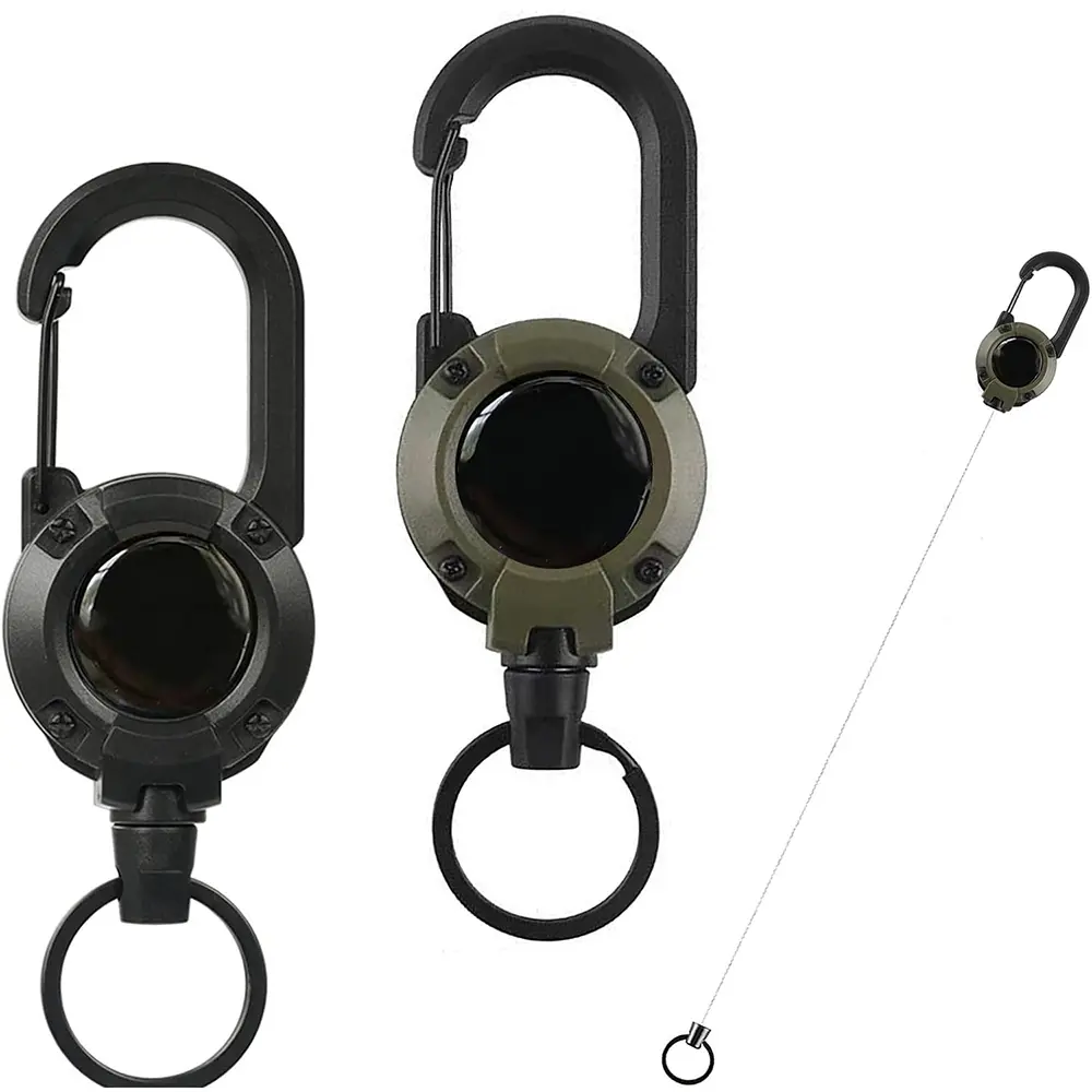 3 Pack Heavy Duty Carabiner Keychain, Retractable Badge Reel with 60cm Steel Cord and 10 oz Support, Unisex Military Look for Outdoor Use, Black & Military Green, Badge Reels, Keychain For Car Keys