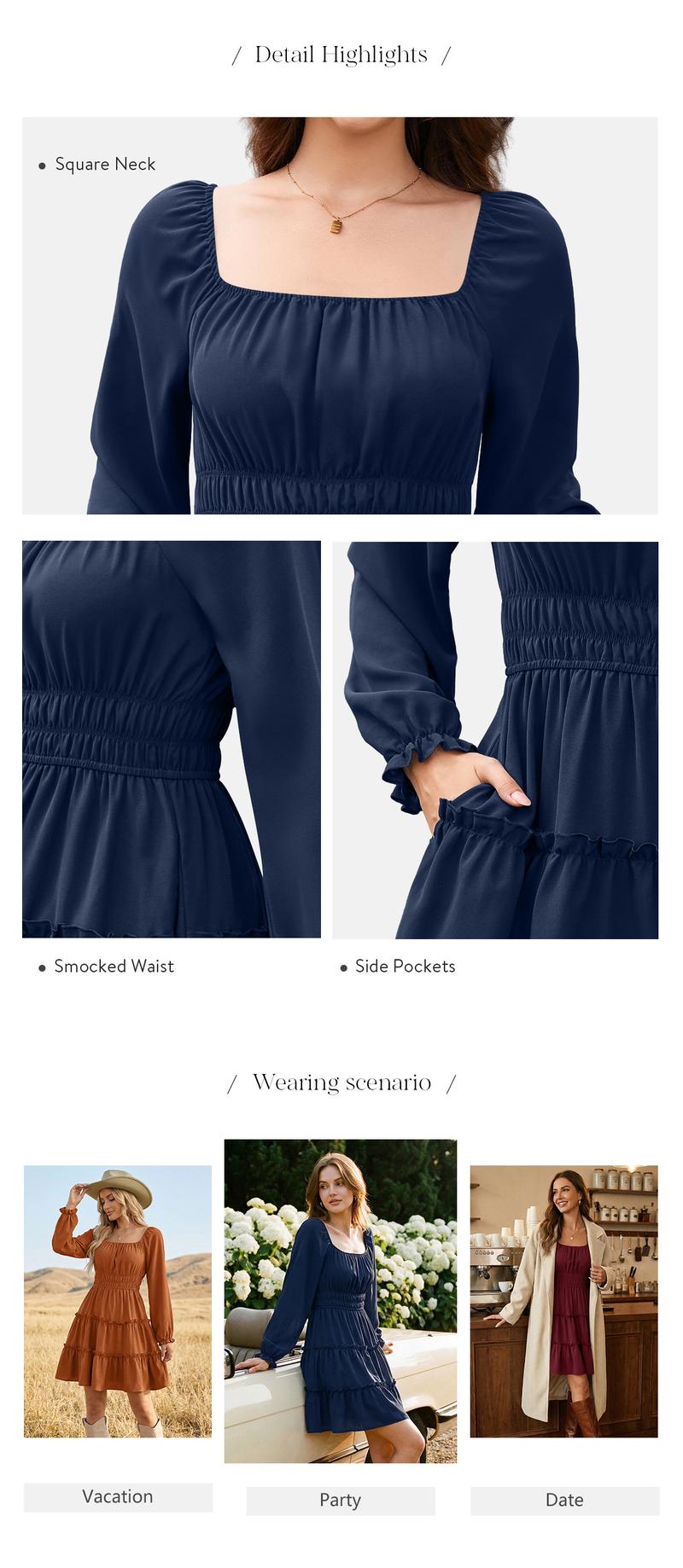 Chicovar Casual Dress for Women, Side Pockets, Lantern Sleeves, Flattering Smocked Waist, Stylish for Family Photos, Church, Valentine's Day, Westernfashion