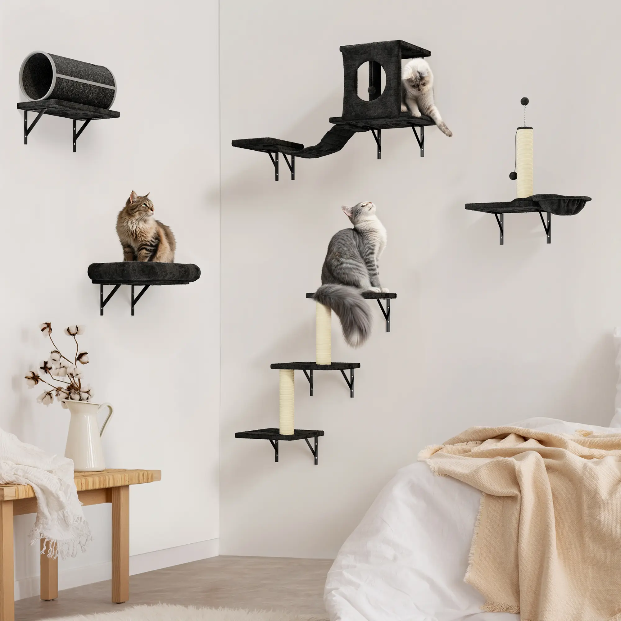 7-Piece Cat Wall Furniture Set, Wall Mounted Cat Climber with Tunnel, Condo, Hammock & Sisal Scratching Posts, Multi-Level Space-Saving Cat Activity Center for Indoor Cats