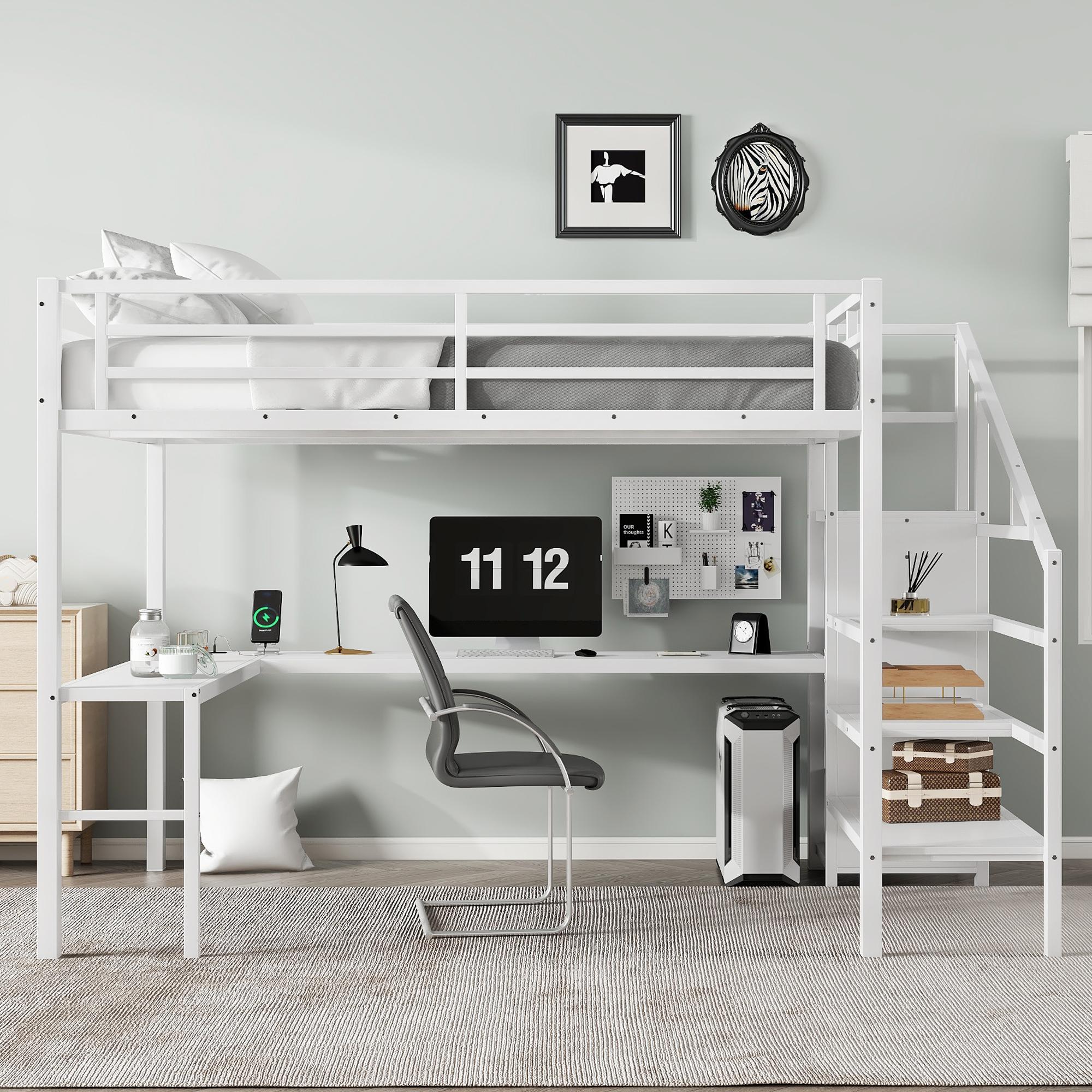 Attic bed with L-shaped desk and USB interface, metal loft bed with wardrobe and adjustable shelf, high loft bed with LED lights for adults Attic bed with L-shaped desk and USB interface, metal loft bed with wardrobe and adjustable shelf, high loft bed with LED lights for adults
