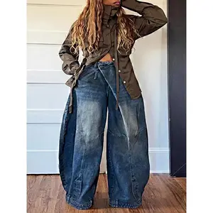 Women's Retro High Waist Wide Leg Jeans Cross Asymmetric Button Front Elastic Comfortable Denim with Functional Pockets Machine Washable Casual Pants Durable Fabric Suitable for Work Office Street Wear Daily Outings Shopping Trips Soft Breathable High Wa