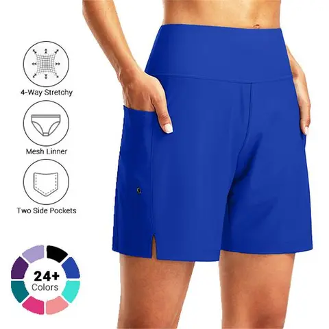 G GRADUAL Women's 7" High Waisted Swim Shorts - Quick-Dry Nylon, UV-Protective UPF 50+, Tummy Control, Elastic Waistband, Built-in Brief Liner, No Netting, Breathable, Pockets, Machine Washable for Beach Water Sports