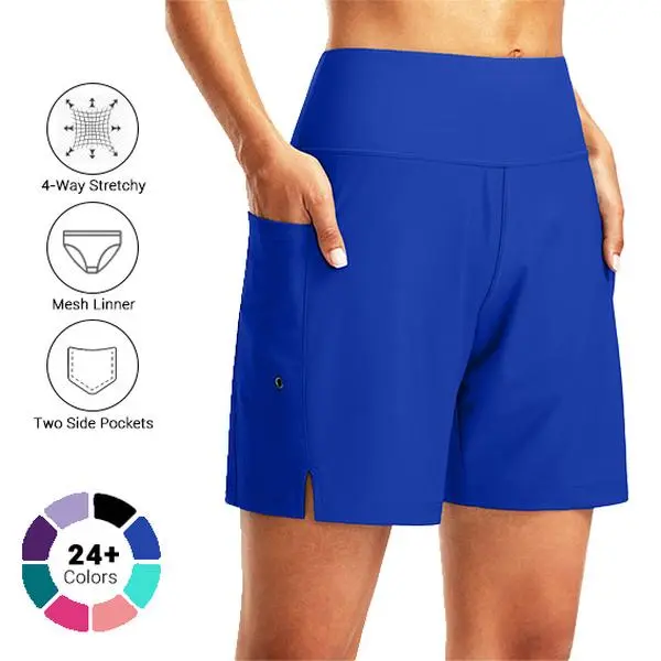 G GRADUAL Women's 7" High Waisted Swim Shorts - Quick-Dry Nylon, UV-Protective UPF 50+, Tummy Control, Elastic Waistband, Built-in Brief Liner, No Netting, Breathable, Pockets, Machine Washable for Beach Water Sports #outdoorfun