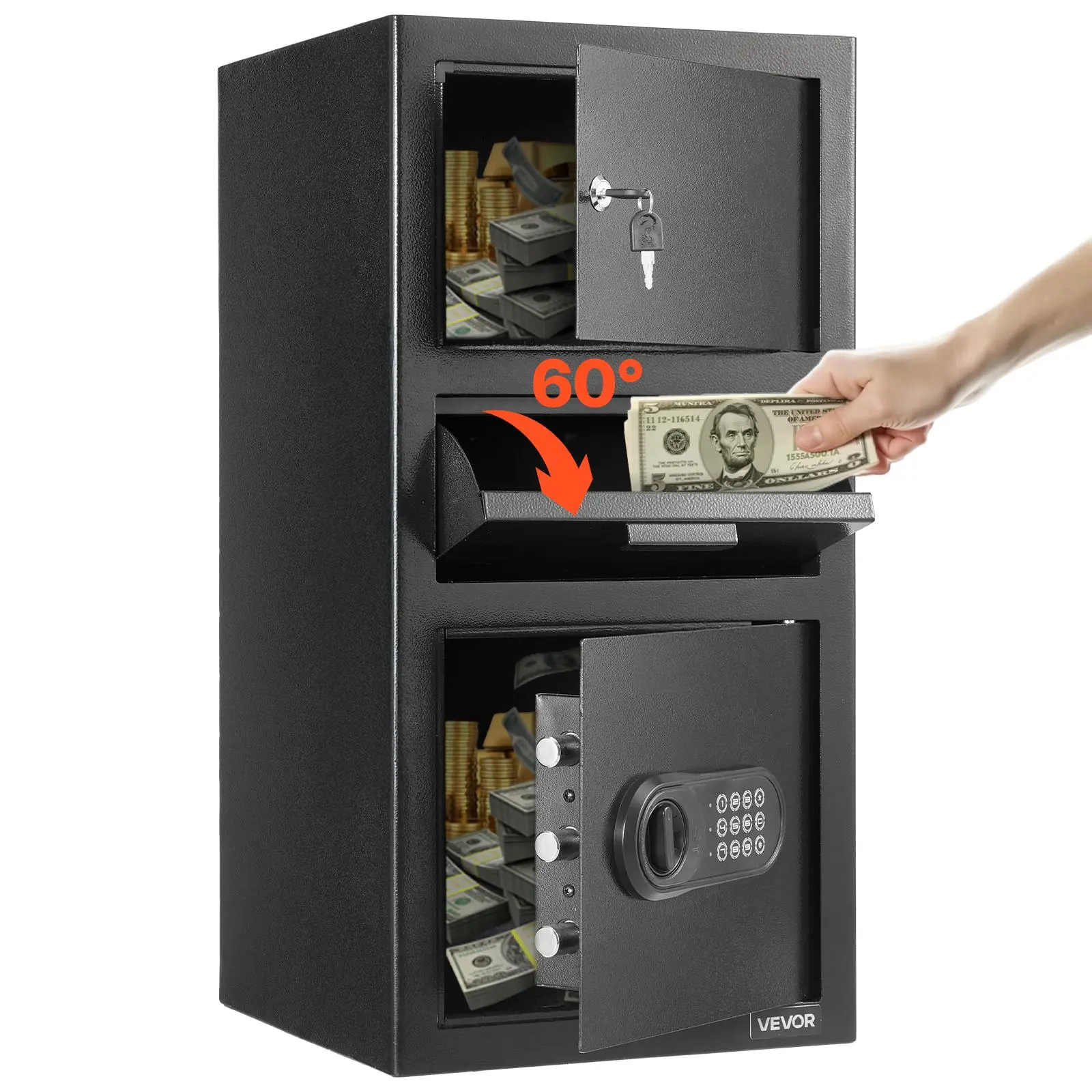 【Summerfinds】VEVOR 3.6 Cubic Feet Drop SafeLarge Capacity Front Drop Slot Safe Box with Digital KeypadHeavy Duty 3 Tiers Cash Depository Box with Spare Keys for CashBank SlipJewelryDocumentBillBlack