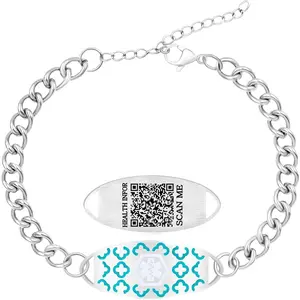 Dynamic QR Code Medical Alert Bracelet for Women, Teal Stainless Steel Medical ID Bracelet, Scan to Update Medical Information, No Engraving Required, Adjustable Emergency Medical Jewelry