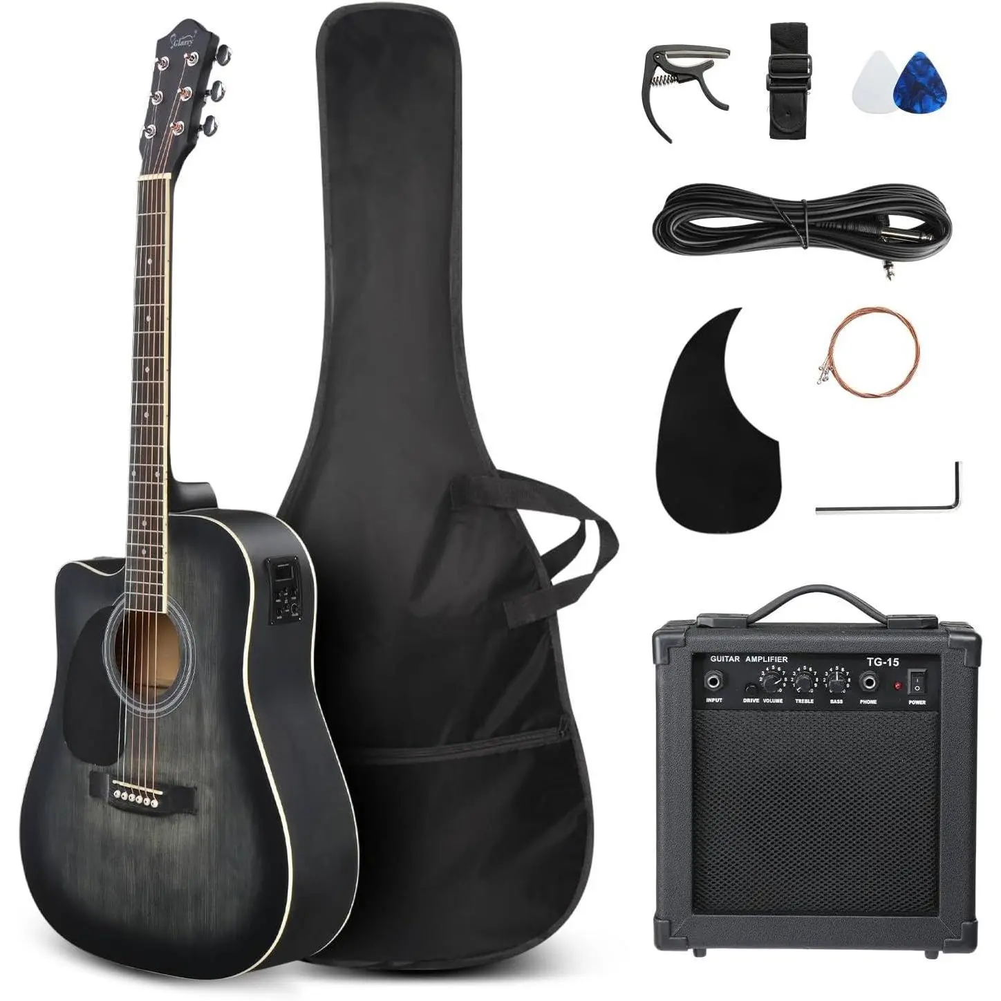 Glarry Left-Handed 41in Full Size 6-String Cutaway Acoustic-Electric Guitar Beginner Kit - Basswood Body, Maple Neck, 15W Amp, On-Board EQ, Bag, Strap, Picks, Strings, Cable, Accessories (Black, Beginner Level)