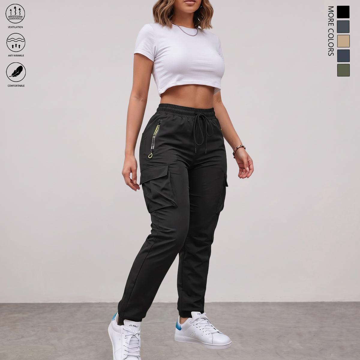 Women's Lightweight No-Stretch Straight-Leg Plain Look Casual Cargo Pants - Women's Clothes, Drawstring Waist, Multiple Pockets, Stylish Zippered Pocket, All-Season Workwear Utility Pants, Ideal for Outdoor Activities & Everyday Wear