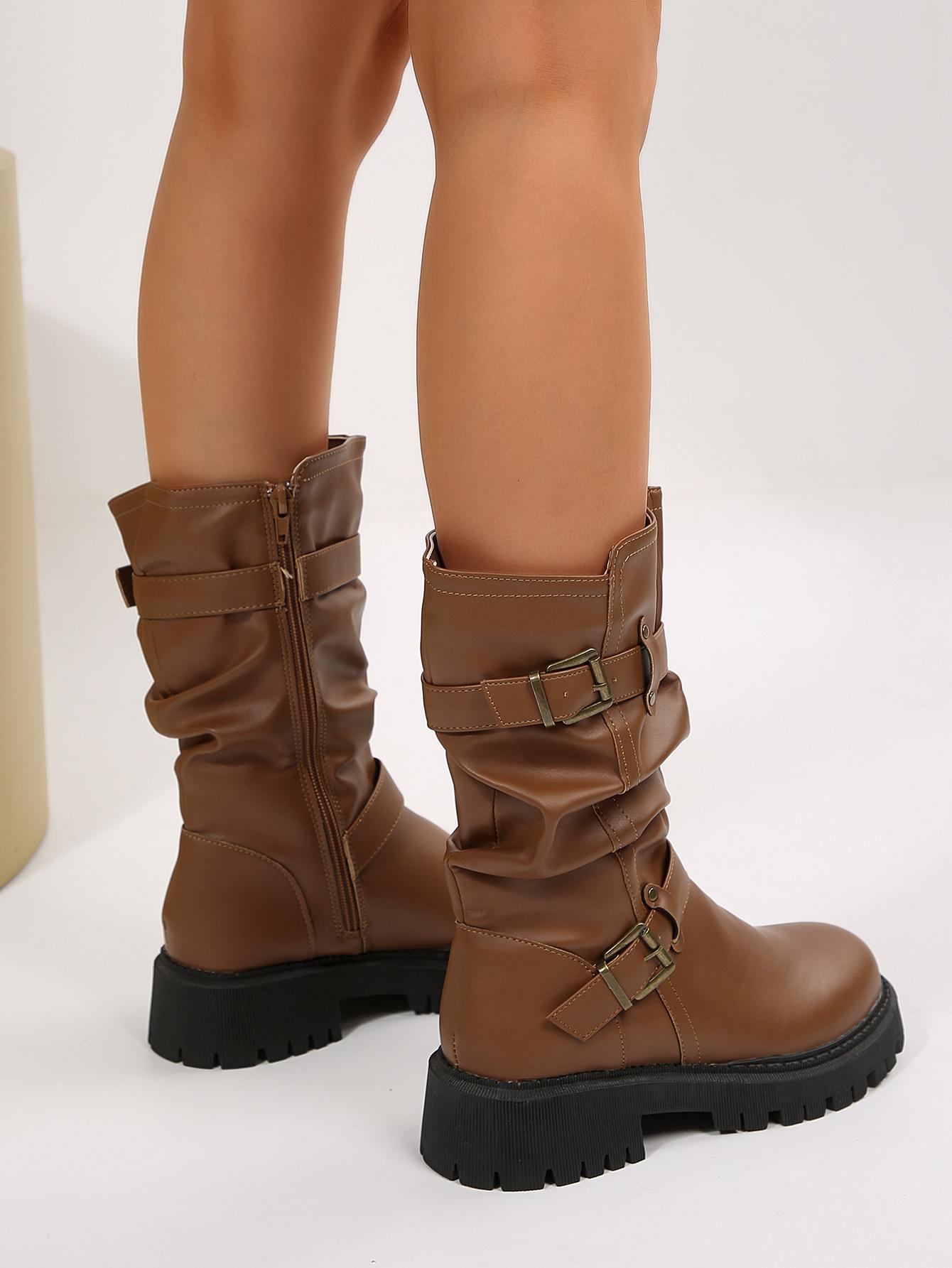 Women's Double Buckle Ruched Ankle Boots, Stylish Y2K Moto Winter Shoe, Womensfashion PU Leather Boots for Women, Low Heel Walking Footwear, Perfect Valentine's Day Gift