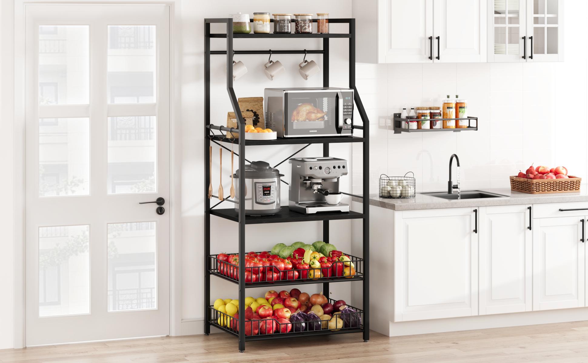 【GARVEE】5-Tier Kitchen Bakers Rack with 2 Large Wire Baskets, Industrial Microwave Oven Stand and Coffee Bar Station, Kitchen Utility Storage Shelf with 8 Hooks for Organizing Spices and Pots, Rustic Black
