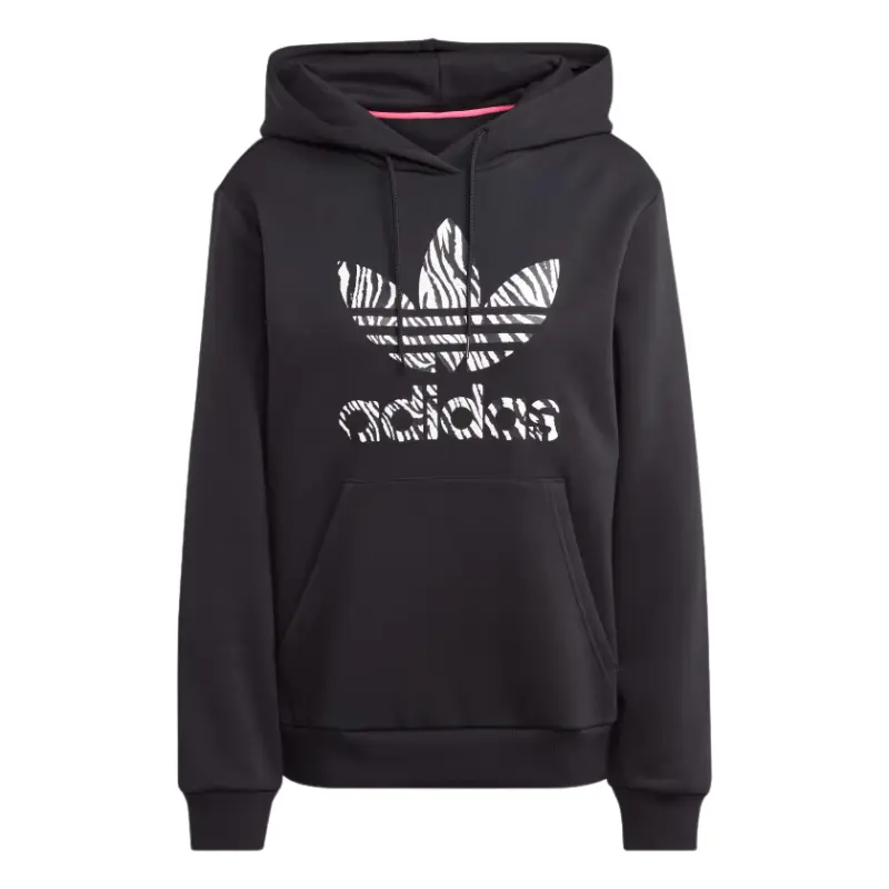Women's Zebra Print Graphic Hoodie Sweatshirt - Comfortable Casual Long-Sleeve Recycled Polyester Blend Cotton Fleece Pullover Top with Ribbed Details, Kangaroo Pocket, Adjustable Drawstring Hood, Trefoil Logo, Imported