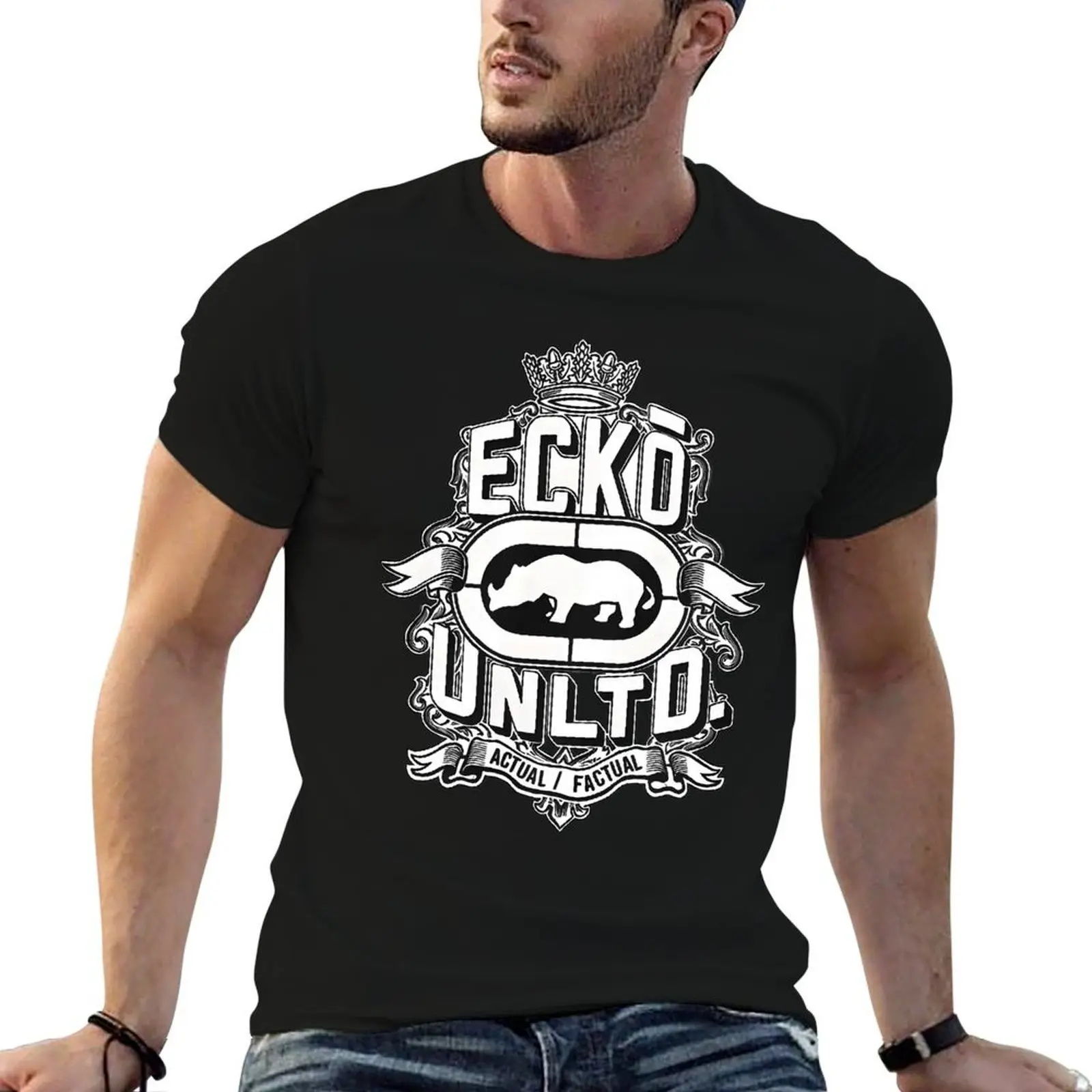 ECKŌ UNLTD "Actual / Factual" Crest Graphic T-Shirt Fitted Short Sleeve Crew Neck Casual Retro Hip-Hop Urban Style for Summer