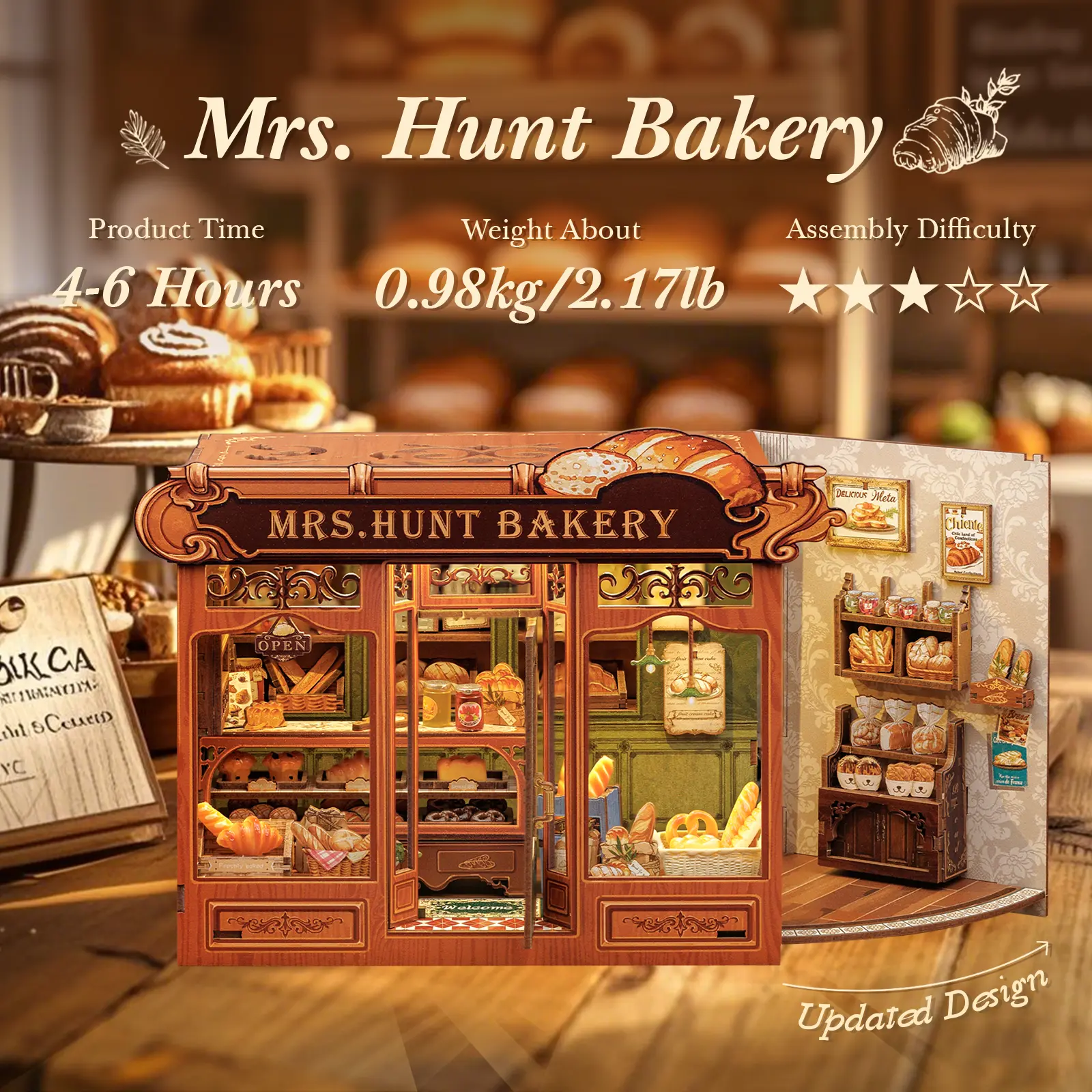 CUTEBEE MRS.HUNT BAKERY Unisex Manual DIY Miniature Dollhouse Set - Wooden Bread Furniture Kit with Dust Cover, Bakery Vibe Decor, 13 Years Above Holiday-Ready Craft Gift, Miniature Set with DIY Fun, Handmade Craft