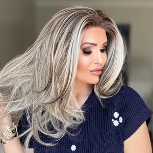 AISOM Jenna Iced Beige Blonde with Brown Lowlight Color Layered Straight 13x4 Free Part Lace Front Wig with Scandinavian Hairline Low Density 120% Heat Friendly Synthetic Hair 20 Inches