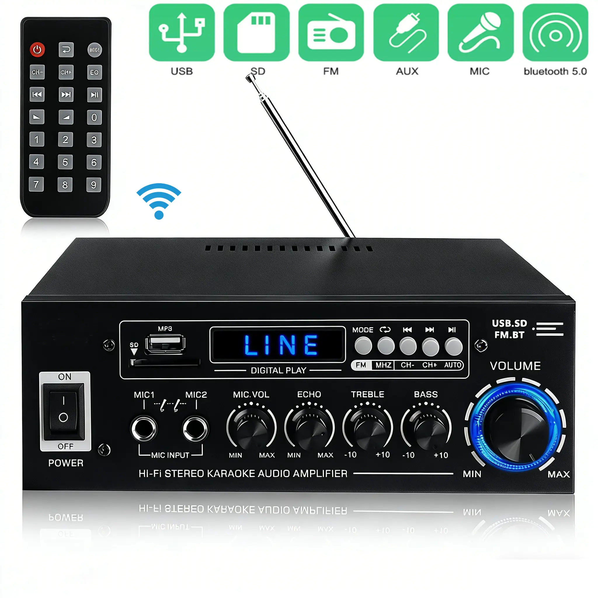 BT5.0 Wireless Car Audio HiFi Amplifier - 360W 2.0 Channel Stereo Amp with Mixer, Radio, Remote Control, USB, Bass Treble Echo Control for Home Theater Speakers, Party Use