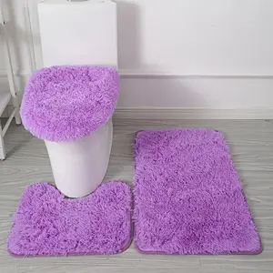 3pcs Set of Fluffy Super Soft Non-Slip Bathroom Mats, Polyester Material Solid Color Velvet Bath Rug Suitable for Bathtub, Shower and Toilet, Best for Christmas, Perfect for Room Decor Rose Red
