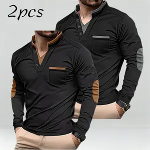 Pack of 2 - Men's Spring Autumn Winter Versatile Turtleneck Brown Elbow Detail, Fake Two Piece Design Knitted Design Layered Classic Golf Shirt Fashion Sports Jacket Business Casual Party Vacation Travel Men's Top, POLO Shirt