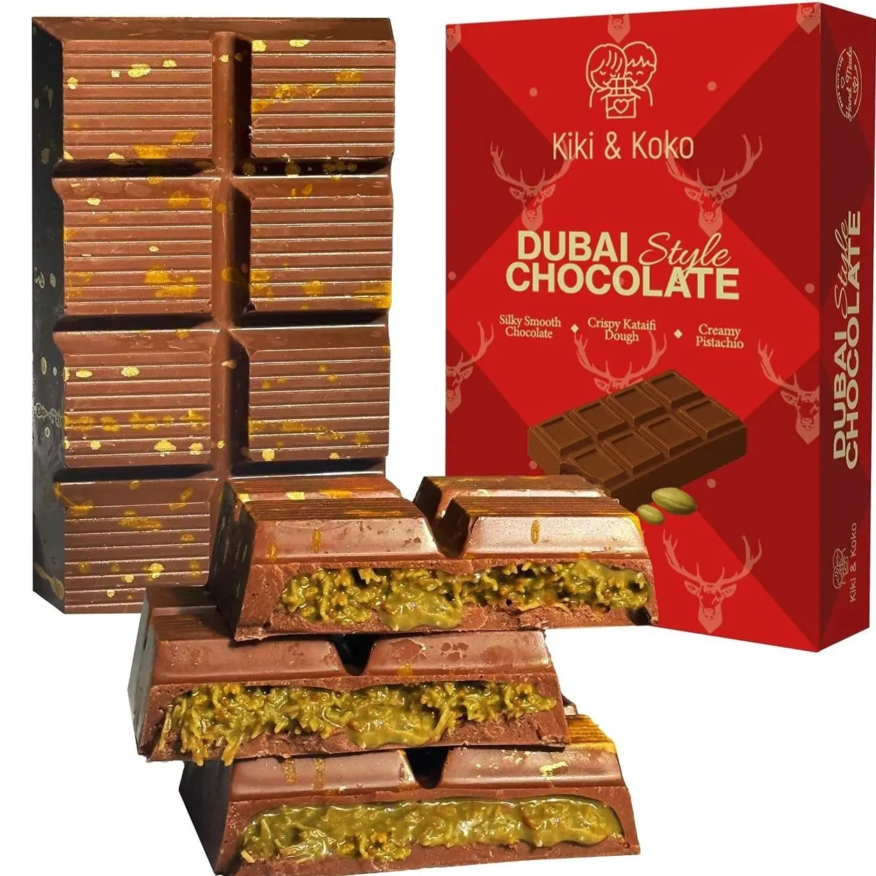Dubai Chocolate Pistachio Bar 6.5oz - Handmade Kunafa Baklava-Inspired Dessert with European Milk Chocolate and Pistachio Cream