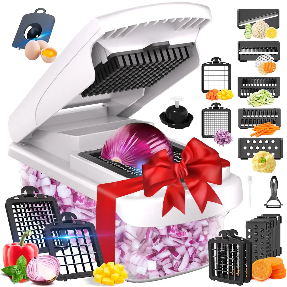 15-in-1 White Alloy Vegetable Cutter Machine - Adjustable Kitchen Fixture Accessory with Water-Resistant Storage Container, Simplifies Food Preparation for Effortless Kitchen Prep, Thoughtful Gift Vegetable Cutting Slicer Chopping, Kitchen Accessories