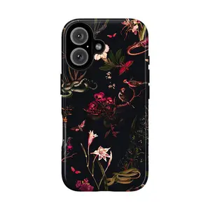 Gothic Snake Botanical Heavy Duty Tough Phone Case, Shockproof Vintage Dark Floral Cottagecore Cover for iPhone 11 12 13 14 15 16 17 Pro Max Plus