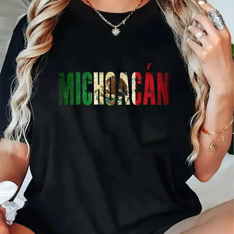 Men's Loose 100% Cotton Crew Neck Short-Sleeve Bold Graphic Tee - Menswear, Distressed Look, Playful Humor, Flag-Art Impact, Michoacan Mexican Flag Slogan, Machine Washable All-Season Top