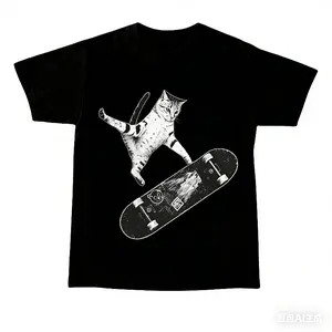 Vintage Style Emo Skater Cat Graphic Tshirt Casual Crewneck, Fantasy Kitten Tshirt, Cute Cat Shirt, Love Cat Tshirt,  Unisex Shirt Menswear Womenswear Streetwear trendy t-shirts